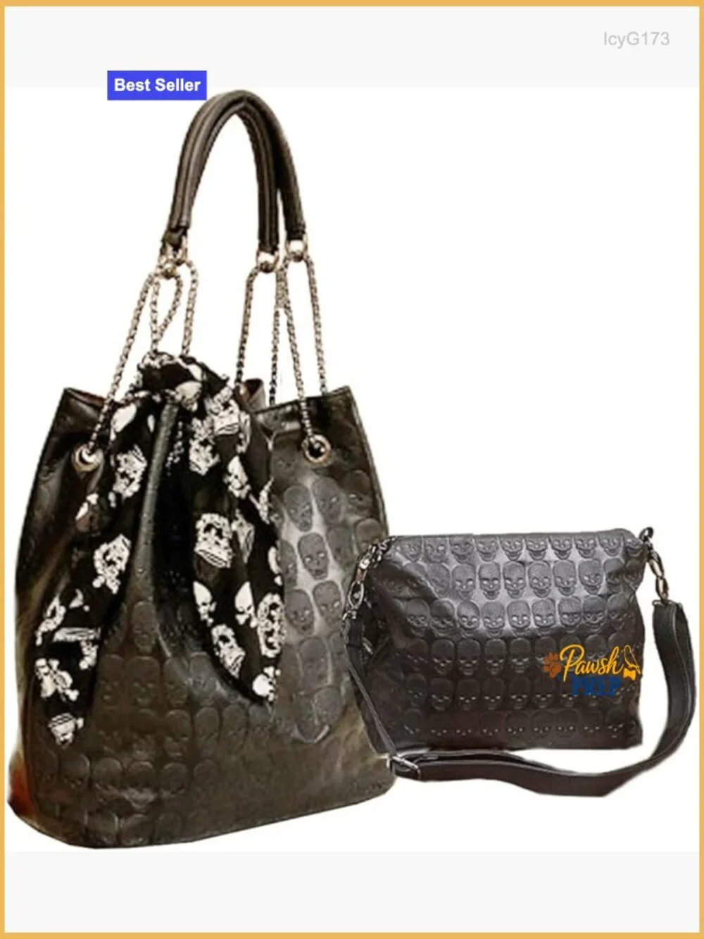 Skull Print PU Leather Hobo Tote Shoulder Bag Set 2-in-1 with Gift